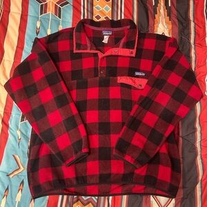 Patagonia Red and Black Buffalo Plaid Synchilla Pullover